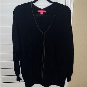 Black Women's V-Neck Cardigan Sweater with Subtle Metallic Trim